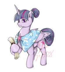 Size: 1077x1200 | Tagged: safe, artist:thurder2020, twilight sparkle, alicorn, pony, g4, alternate hairstyle, cape, clothes, female, hair bun, hoof hold, mare, older, older twilight, scroll, simple background, smiling, solo, twilight sparkle (alicorn), white background