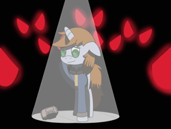 Size: 1600x1200 | Tagged: safe, artist:toshimatsu, derpibooru exclusive, oc, oc only, oc:littlepip, pony, unicorn, fallout equestria, clothes, eyes in the dark, fanfic, fanfic art, female, floppy ears, hooves, horn, jumpsuit, mare, pipbuck, solo, stable (vault), stable 2, vault, vault suit, velvet's pipbuck