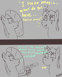 Size: 1093x1369 | Tagged: safe, artist:arrell, oc, oc only, oc:arrell, oc:stalwart crusader, earth pony, pony, unicorn, comic, dialogue, doodle, duo, gun, sketch, text, weapon