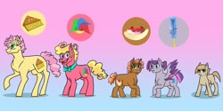 Size: 1280x640 | Tagged: safe, artist:vennyriz22, li'l cheese, oc, oc:cherry chunga biscotti, oc:laughter candy taaffeite, oc:milk creme dudley, oc:rockathena canon road, pony, g4, the last problem, bowtie, colt, cutie mark, female, filly, gradient background, heterochromia, male, mare, offspring, parent:cheese sandwich, parent:pinkie pie, parents:cheesepie, siblings, stallion, trans female