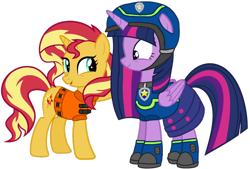 Size: 1428x966 | Tagged: safe, artist:徐詩珮, sunset shimmer, twilight sparkle, alicorn, pony, unicorn, series:sprglitemplight diary, series:sprglitemplight life jacket days, series:springshadowdrops diary, series:springshadowdrops life jacket days, g4, alternate universe, chase (paw patrol), clothes, female, lifejacket, paw patrol, simple background, spy chase (paw patrol), transparent background, twilight sparkle (alicorn)