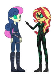 Size: 2929x4000 | Tagged: safe, artist:tf-circus, bon bon, sunset shimmer, sweetie drops, oc, oc:mez-mare-a, equestria girls, g4, antagonist, catsuit, goggles, hypnogoggles, hypnosis, hypnotized, power ponies oc, secret agent sweetie drops, spiral, spy, supervillain, swirly eyes, thief, trance, villainess