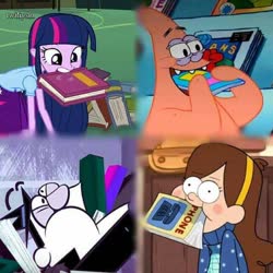 Size: 640x640 | Tagged: safe, screencap, twilight sparkle, equestria girls, g4, my little pony equestria girls, book, boris badenov, comparison, gravity falls, humans doing horse things, mabel pines, male, patrick star, rocky and bullwinkle, spongebob squarepants