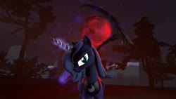Size: 1280x720 | Tagged: safe, artist:thelagplayer, princess luna, alicorn, pony, g4, blood moon, dark background, glowing eyes, glowing horn, horn, moon, scythe, this will end in death, this will end in tears, this will end in tears and/or death, weapon