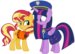 Size: 1440x1037 | Tagged: safe, artist:徐詩珮, sunset shimmer, twilight sparkle, alicorn, pony, unicorn, series:sprglitemplight diary, series:sprglitemplight life jacket days, series:springshadowdrops diary, series:springshadowdrops life jacket days, g4, alternate universe, chase (paw patrol), clothes, female, lifejacket, paw patrol, simple background, transparent background, twilight sparkle (alicorn)