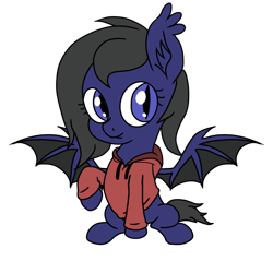 Size: 1500x1500 | Tagged: safe, artist:littlefaith9, oc, oc only, oc:shadow faith, bat pony, pony, avatar, bat pony oc, bat wings, clothes, ear fluff, female, filly, hoodie, looking at you, profile picture, raised hoof, simple background, solo, spread wings, transparent background, wings