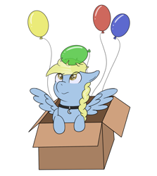 Size: 2061x2313 | Tagged: safe, artist:eyeburn, oc, oc only, oc:windswept skies, pegasus, pony, balloon, box, charm, collar, floppy ears, high res, male, pony in a box, simple background, solo, spread wings, stallion, static electricity, white background, wings