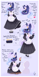 Size: 900x1749 | Tagged: safe, artist:ipun, oc, oc only, oc:star dancer, unicorn, anthro, unguligrade anthro, anthro oc, arm hooves, blushing, chibi, clothes, deviantart watermark, dress, female, food, friendship cafe, hoof hold, ice cream, maid, mare, muffin, obtrusive watermark, shoes, socks, solo, watermark