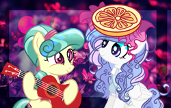 Size: 1407x887 | Tagged: safe, artist:dreamybae, artist:mintoria, artist:princess-blaze-acorn, coral shores, oc, oc:skyline lartseva, crystal pony, pegasus, pony, abstract background, base used, clothes, eye clipping through hair, female, food, guitar, mare, musical instrument, older, older coral shores, orange, shirt, smiling