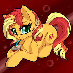 Size: 3120x3121 | Tagged: safe, artist:gleamydreams, sunset shimmer, pony, unicorn, g4, cute, female, high res, looking at you, mare, shimmerbetes, smiling at you, soda, solo