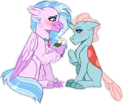 Size: 1931x1626 | Tagged: safe, artist:artistcoolpony, ocellus, silverstream, changedling, changeling, classical hippogriff, hippogriff, g4, cute, diaocelles, diastreamies, female, flower, jewelry, lesbian, necklace, ship:ocellustream, shipping, simple background, transparent background