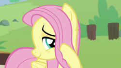 Size: 1920x1080 | Tagged: safe, screencap, angel bunny, fluttershy, pegasus, pony, g4, she talks to angel, acting, angelbetes, body swap, cute, devious, facade, female, folded wings, hoof in mane, hoof on cheek, male, mare, not fluttershy, shyabetes, smiling, solo, wings