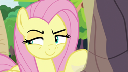 Size: 1920x1080 | Tagged: safe, screencap, angel bunny, fluttershy, pegasus, pony, g4, she talks to angel, aside glance, body swap, cunning, devious smile, female, male, mare, narrowed eyes, not fluttershy, raised eyebrow, raised hoof, smiling, solo, thinking