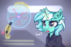 Size: 3000x2000 | Tagged: safe, artist:lakunae, lyra heartstrings, pony, unicorn, g4, arms, arms in the air, clothes, crossover, dig the swell hoodie, female, half-life: alyx, hand, high res, hoodie, magic, magic hands, mare, puzzle, question, simple background, solo