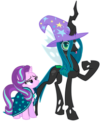 Size: 991x1176 | Tagged: safe, artist:rosemile mulberry, queen chrysalis, starlight glimmer, changeling, changeling queen, pony, unicorn, g4, :p, accessory swap, cape, clothes, female, hat, raised hoof, robe, simple background, starlight wearing sunburst's robe, sunburst's cloak, tongue out, trixie's hat, unamused, white background