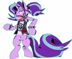 Size: 1084x889 | Tagged: safe, artist:blowuppup, discord, starlight glimmer, pony, unicorn, g4, bipedal, bridle, clothes, edgelight glimmer, female, jacket, punk, shirt, solo, spiked wristband, tack, wristband