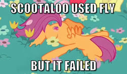 Size: 642x374 | Tagged: safe, edit, edited screencap, screencap, scootaloo, g4, growing up is hard to do, caption, flower, image macro, meme, nintendo, pokémon, scootaloo can't fly, scootaloo will never fly, text