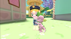 Size: 1024x575 | Tagged: safe, artist:undeadponysoldier, copper top, spike, dragon, g4, 3d, copperbetes, crack shipping, cute, daaaaaaaaaaaw, female, gmod, hug, male, mare, police officer, police uniform, ponyville, ponyville town hall, ship:copperspike, shipping, spikabetes, spikelove, straight