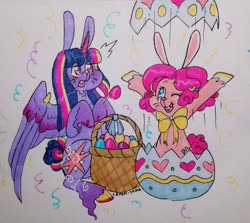 Size: 1280x1144 | Tagged: safe, artist:ask-pinkie-polkadot-pie, pinkie pie, twilight sparkle, alicorn, hybrid, pony, rabbit, tumblr:ask-pinkie-polkadot-pie, g4, basket, bunnified, bunny pie, bunny sparkle, easter basket, easter egg, species swap, traditional art, twilight sparkle (alicorn)
