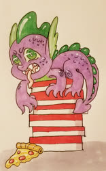 Size: 1195x1920 | Tagged: safe, artist:ask-pinkie-polkadot-pie, spike, dragon, tumblr:ask-pinkie-polkadot-pie, g4, food, male, meat, pepperoni, pepperoni pizza, pizza, solo, traditional art