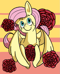 Size: 409x502 | Tagged: safe, artist:flamirasplitz, fluttershy, pegasus, pony, g4, female, flower, front view, full face view, head tilt, looking at you, mare, rose, smiling, solo, spread wings, wings
