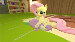 Size: 1024x575 | Tagged: safe, artist:undeadponysoldier, fluttershy, spike, dragon, pony, g4, 3d, female, fluttershy's cottage, gmod, hug, lying down, male, mare, ship:flutterspike, shipping, spikelove, straight, wing blanket, winghug