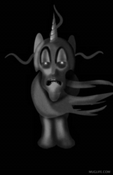 Size: 329x512 | Tagged: safe, artist:samueldavillo, pony, animated, black background, courage the cowardly dog, disturbing, grayscale, king ramses, monochrome, ponified, simple background, solo, we're all gonna die