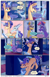 Size: 2301x3549 | Tagged: safe, artist:darlyjay, oc, oc:sterling sentry, pony, unicorn, comic:save the harmony, book, comic, female, high res, magic, mare, offspring, parent:flash sentry, parent:twilight sparkle, parents:flashlight