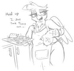 Size: 717x687 | Tagged: safe, artist:jargon scott, gilda, griffon, anthro, g4, apron, clothes, cookie, female, food, housewife, lidded eyes, milf, mom gilda, monochrome, naked apron, oven mitts, solo, tray, wings