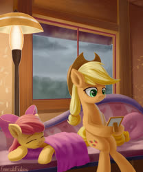 Size: 1500x1800 | Tagged: safe, artist:emeraldgalaxy, apple bloom, applejack, earth pony, pony, g4, adorabloom, apple sisters, art, blanket, bow, couch, cowboy hat, cute, duo, female, filly, hair bow, hat, hoof hold, indoors, mare, rain, siblings, sisters, sitting, sleeping, window