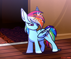 Size: 1700x1400 | Tagged: safe, artist:celes-969, artist:psfmer, rainbow dash, pegasus, pony, g4, behaving like a cat, carpet, confused, female, loading, loading cat, meme, ponified animal photo, ponified meme, rainbow dash is not amused, small pony, solo, unamused