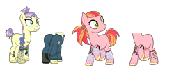 Size: 4088x1704 | Tagged: safe, artist:fluttersbases, artist:harmonyharp, oc, oc only, oc:apple punch, oc:pristine pearl, earth pony, pony, icey-verse, apple, bandage, base used, blank flank, boots, cloth, clothes, ear piercing, earring, eyebrow piercing, female, food, jewelry, jumpsuit, magical lesbian spawn, mare, mechanic, nonbinary, nose piercing, offspring, parent:apple bloom, parent:diamond tiara, parents:diamondbloom, pen, piercing, ponytail, raised hoof, raised leg, scar, shirt, shoes, siblings, simple background, t-shirt, tape, tattoo, transparent background, twins, unshorn fetlocks, zap apple