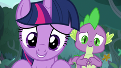 Size: 1920x1080 | Tagged: safe, screencap, spike, twilight sparkle, alicorn, dragon, pony, g4, she talks to angel, cute, duo, female, male, mare, palindrome get, smiling, twiabetes, twilight sparkle (alicorn), winged spike, wings
