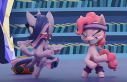 Size: 1936x1244 | Tagged: safe, screencap, pinkie pie, twilight sparkle, alicorn, earth pony, pony, g4.5, my little pony: stop motion short, pinkie pie wants to play, bipedal, boombox, cropped, eyes do not belong there, great moments in animation, leg warmers, library, multiple tails, smear frame, stop motion, sweatband, twilight sparkle (alicorn), twilight's castle, twilight's castle library