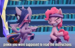 Size: 1936x1244 | Tagged: safe, edit, edited screencap, screencap, pinkie pie, twilight sparkle, alicorn, earth pony, pony, g4.5, my little pony: stop motion short, pinkie pie wants to play, bipedal, boombox, caption, cropped, eyes do not belong there, great moments in animation, image macro, library, multiple tails, smear frame, stop motion, sweatband, text, twilight sparkle (alicorn), twilight's castle, twilight's castle library