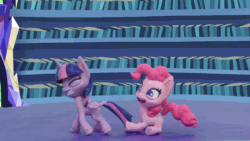 Size: 800x450 | Tagged: safe, screencap, pinkie pie, twilight sparkle, alicorn, earth pony, pony, g4.5, my little pony: stop motion short, pinkie pie wants to play, animated, female, gif, loop, mare, stop motion, tail, tail pull, twilight sparkle (alicorn)
