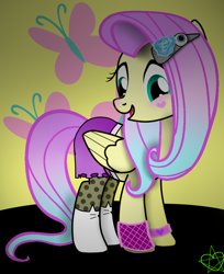 Size: 840x1027 | Tagged: safe, artist:8l4ck0u7, fluttershy, pegasus, pony, g4, blushing, clothes, female, goth, hairclip, heart, makeup, mare, open mouth, pastel goth, skirt, socks, solo, stockings, thigh highs, wristband