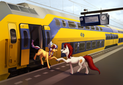 Size: 2745x1890 | Tagged: safe, artist:28gooddays, oc, oc only, oc:ember, oc:ember (hwcon), oc:stroopwafeltje, earth pony, pony, unicorn, hearth's warming con, dutch, nederlandse spoorwegen, netherlands, platform, train