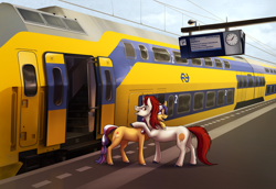 Size: 1280x881 | Tagged: safe, artist:28gooddays, oc, oc only, oc:ember, oc:ember (hwcon), oc:stroopwafeltje, earth pony, pony, unicorn, hearth's warming con, duo, dutch, female, hug, male, mare, nederlandse spoorwegen, netherlands, outdoors, stallion, train