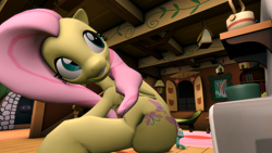 Size: 2500x1406 | Tagged: safe, artist:johnnyxluna, fluttershy, zephyr breeze, g4, 3d, brother and sister, butt crush, crawling, female, fluttershy's cottage, giantess, growth, looking at you, looking back, looking up, looking up at you, macro, male, micro, shrinking, siblings, sitting, sitting on person, sitting on pony, size difference, size stealing, smiling, source filmmaker, tight squeeze, what is happening
