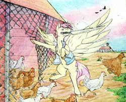 Size: 2884x2345 | Tagged: safe, artist:azkre, fluttershy, bird, chicken, pegasus, pony, g4, animal rights, chicken coop, cleaver, fence, high res, knife, mouth hold