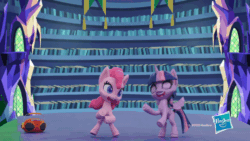 Size: 800x450 | Tagged: safe, screencap, pinkie pie, twilight sparkle, alicorn, earth pony, pony, g4.5, my little pony: stop motion short, pinkie pie wants to play, animated, dancing, eyes closed, female, gif, happy, hasbro logo, library, radio, smiling, stop motion, twilight sparkle (alicorn), twilight's castle, twilight's castle library, wings