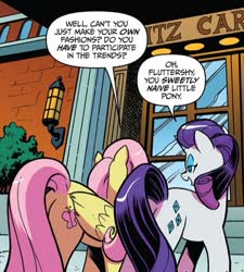 Size: 503x558 | Tagged: safe, artist:andy price, idw, official comic, fluttershy, rarity, pegasus, pony, unicorn, g4, spoiler:comic, spoiler:comic64, butt, comic panel, cropped, duo, female, mare, misleading thumbnail, plot