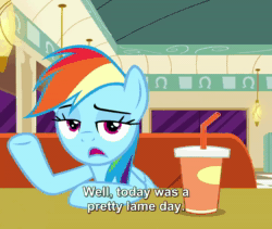Size: 1280x1080 | Tagged: safe, ai assisted, ai content, edit, edited screencap, fifteen.ai, screencap, rainbow dash, oc, oc:anon, pegasus, pony, g4, the saddle row review, aivo, animated, avo, booth, bronybait, cropped, diner, female, implied anon, looking at you, mare, solo, sound, subtitles, talking to viewer, webm
