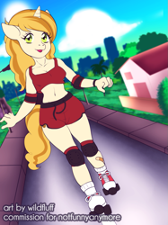 Size: 901x1202 | Tagged: safe, artist:wild-fluff, artist:wildfluff, sweet biscuit, unicorn, anthro, g4, bandaid, clothes, elbow pads, gym shorts, knee pads, roller skates, shoes, shorts, sneakers, tail, tank top, teenager, tomboy, tongue out