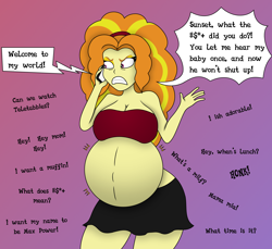 Size: 1700x1557 | Tagged: safe, artist:foxtide888, artist:pacificside18, adagio dazzle, sunset shimmer, equestria girls, g4, adagio preggo, angry, belly, belly button, big belly, breasts, busty adagio dazzle, cellphone, cleavage, clothes, dialogue, female, headband, humor, implied sunset shimmer, offscreen character, phone, phone call, pregnant, pregnant equestria girls, skirt, solo, tank top, voices