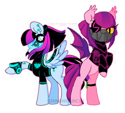 Size: 500x454 | Tagged: safe, artist:mvnchies, oc, oc only, bat pony, pegasus, pony, bat pony oc, bat wings, clothes, duo, female, mare, pegasus oc, police, raised hoof, rearing, simple background, transparent background, wings