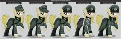Size: 1600x517 | Tagged: safe, artist:brony-works, oc, oc only, earth pony, pony, boots, clothes, earth pony oc, eyelashes, female, hat, helmet, mare, nazi germany, raised hoof, reference sheet, shoes, smiling, solo, uniform, wehrmacht, world war ii