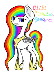 Size: 1060x1414 | Tagged: safe, artist:prismicdiamondart, oc, oc only, oc:prismatic spectrum rainbow, pegasus, pony, female, hoof shoes, mare, multicolored hair, pegasus oc, peytral, rainbow hair, simple background, solo, text, white background, wings