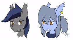 Size: 2048x1116 | Tagged: safe, artist:omegapony16, oc, oc only, oc:echo, oc:oriponi, bat pony, pony, bat pony oc, bat wings, bust, clothes, duo, ear piercing, earring, female, jewelry, mare, piercing, scarf, signature, simple background, white background, wings